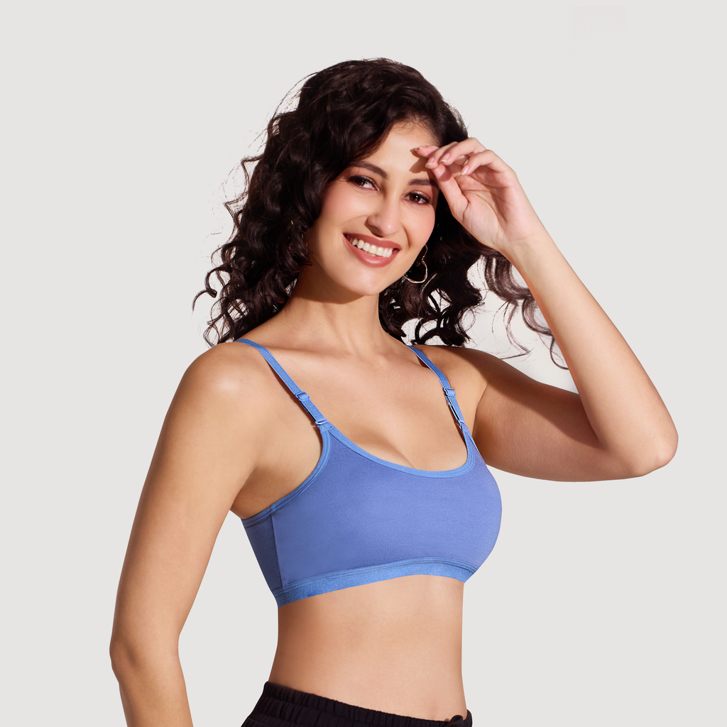 Kurvz Force blue bra shown from a side-front angle, designed for comfort, flexibility and daily wear.